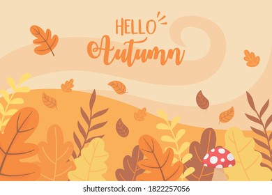 hello autumn mushroom leaves bush nature scene landscape vector illustration