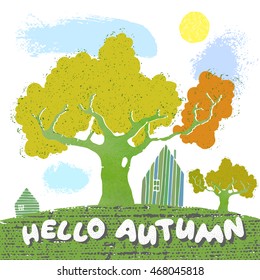 hello autumn oak tree house green with clouds and sun