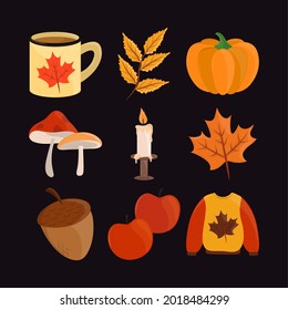 hello autumn objects and fruits icon set