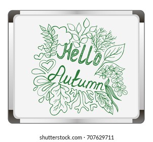 Hello Autumn on flip chart background. Hello autumn! Hand drawn autumn leaves. Vector illustration.