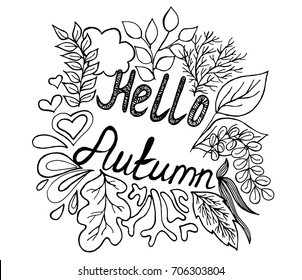 Hello Autumn on white background. Hello autumn! Hand drawn autumn leaves. Vector illustration.