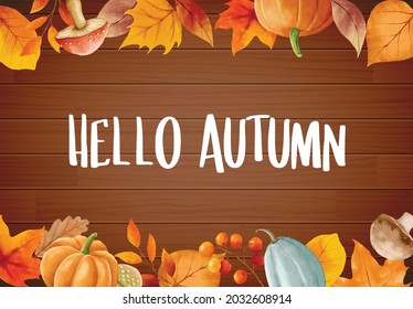 Hello autumn with ornate of leaves flower frame. Autumn october hand drawn lettering template design.