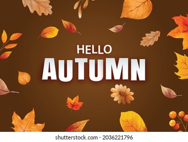 Hello autumn with ornate of leaves flower background. Autumn october hand drawn lettering template design.