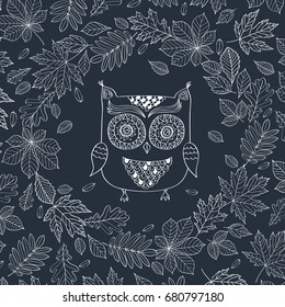 Hello autumn! Owl and autumn leaves are drawn with chalk on black chalkboard. Sketch, design elements.  Vector illustration.
