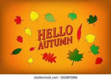 Hola Otoño pintado con una acuarela de color rojo y naranja brillante con coloridos puntos de color acuático de fondo. Bonita tarjeta de bienvenida de otoño o plantilla de invitación. Ilustración del vector