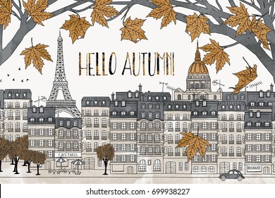Hello Autumn in Paris - hand drawn colorful illustration of the city with Eiffel tower and yellow maple leaves
