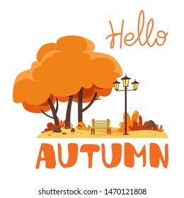 Hello, Autumn. Autumn park with a bench. Vector illustration on white background.