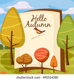 Hello autumn, park, landscape, style, cartoon, trees, clouds, greeting card, vector illustration