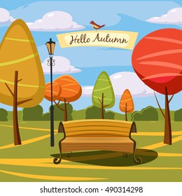 Hello autumn, park, landscape, style, cartoon, trees, clouds, bench, vector illustration