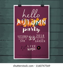 Hello autumn party poster lettering on wood texture background
