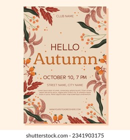 Hello Autumn Party poster template design. Frame with maple leaf and orange berry, red and brown leaves branch. Event invitation for club
