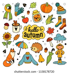 Hello autumn patches collection. Vector illustration of color cute autumn icons, such as hat, gloves, scarf, umbrella, pumpkin, leaves, fruits, sunflower and corn. Isolated on white.