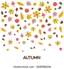 Hello Autumn. Autumn pattern. Leaves, apples, chestnuts. Background with text. Yellow, orange, brown and red colors.Vector flat illustration.