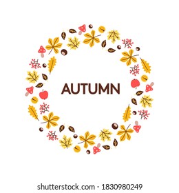 Hello Autumn. Autumn pattern. Leaves, apples, chestnuts. Background with text. Yellow, orange, brown and red colors.Vector flat illustration.