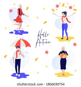 Hello Autumn. People walk in autumn, play with leaves, jump in puddles. Human characters on white background. Color vector illustration