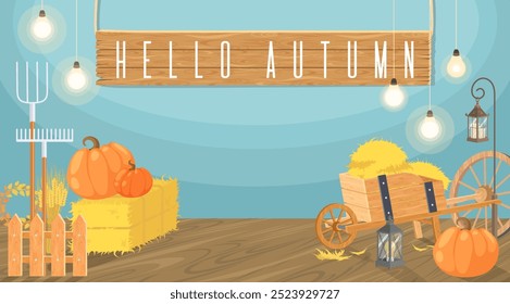 Hello autumn photo zone background vector illustration