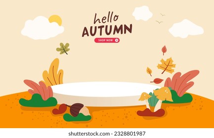 hello autumn podium sale banner illustration, vector, shopping, flash sale and big sale
