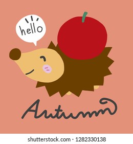 Hello autumn, porcupine and red apple cartoon illustration