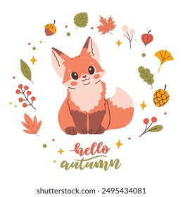 Hello autumn postcard with cute fox. Woodland card with leaves and cute forest animal on white background in cartoon style.