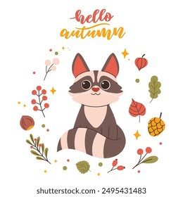 Hello autumn postcard with cute raccoon. Woodland card with leaves and cute forest animal on white background in cartoon style.