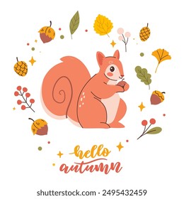 Hello autumn postcard with cute squirrel. Woodland card with leaves and cute forest animal on white background in cartoon style.