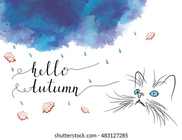 "Hello Autumn" postcard with dark clouds, rain and cat muzzle. Vector illustration.
