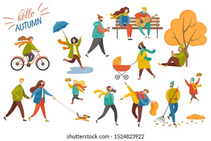 Hello autumn postcard decorated by recreation of people in park. Man and woman walking with dog, mother going with pram and children playing with leaves. Person cleaning foliage, female cycling vector