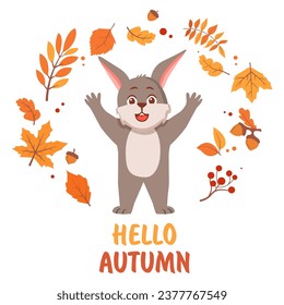 Hello autumn postcard with hare. Cute bear fall leaves around.Hello autumn. Cute forest animal bunny.Cute cartoon rabbit.Vector flat illustration.Falling leaves, oak acorns.