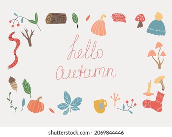 Hello autumn, a postcard with autumn icons, pumpkins and leaves. Vector illustration
