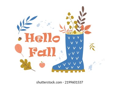 Hello Autumn postcard with rubber boot and leaves. vector illustration