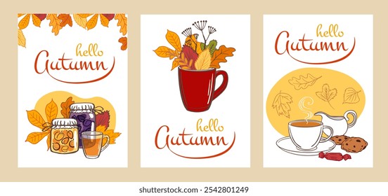 Hello Autumn postcard set with colorful fall leaves, steaming cup of tea, preserved fruit jars. for autumn greetings, home decoration, banner, poster, sending cozy fall vibes.