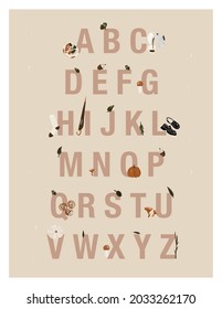 Hello, Autumn. Poster with alphabet and autumn symbols in pastel shades. Pumpkins, herbs, leaves, mushrooms, coffee, socks, boots, buns, umbrella and bento cake. Vector flat hand drawing illustration.