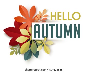 Hello Autumn poster. Bouquet of colorful fall leaves on white background. Seasonal banner in trendy paper cut style. Design template for print or web. Vector illustration