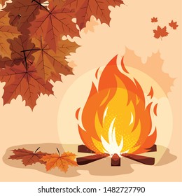 hello autumn poster with campfire and leafs