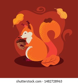 hello autumn poster with chipmunk and nut