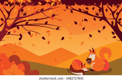 hello autumn poster with chipmunks and nut