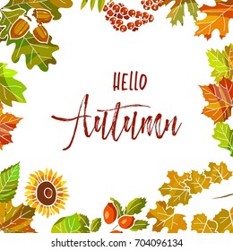 Hello autumn poster with colorful leaves and plants