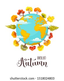 Hello Autumn poster concept with colorful autumn trees around Earth. Cartoon yellow and orange fall tree and bush icons vector illustration isolated on white background. Cartoon forest circle
