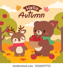 Hola cartel de otoño con lindo oso y ciervo en Apple Orchard. Linda ilustración de otoño de dibujos animados con oso y ciervo en el bosque de otoño.