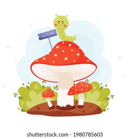 Hello Autumn poster , cute caterpillar cartoon character  sitting on the amanita mushroom. vector illustration 
