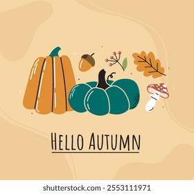 Hello autumn poster. Green and orange pumpkin, acorn, mushroom and branch with leaves. Fall season vegetables. Cover or banner for website. Flat vector illustration