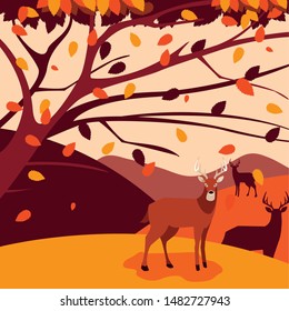 hello autumn poster with group deer in landscape