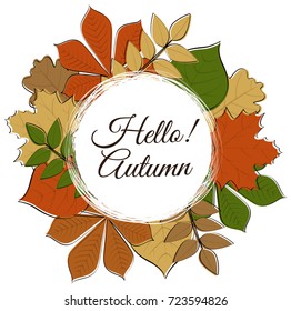 Hello Autumn - poster with hand drawn leaves. Vector.