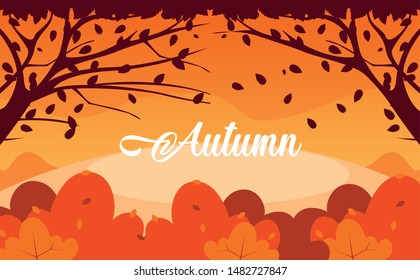 hello autumn poster with landscape and leafs