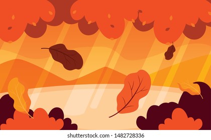hello autumn poster with landscape and leafs