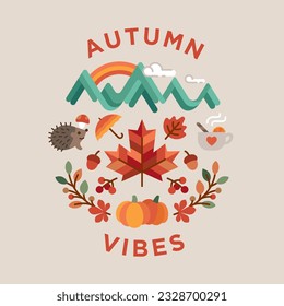 hello autumn poster round vintage flat design vector illustration. season icon nature leaves ornate celebrate september vibes