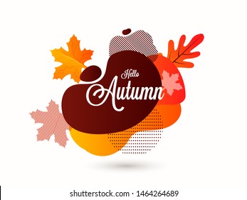 Hola Afiche de otoño o diseño de plantilla con hojas de arce y elemento de arte fluido abstracto.