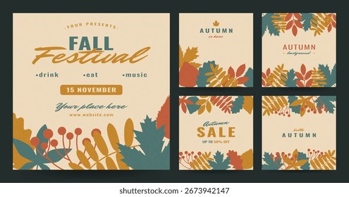 Modelo de pôster Hello Autumn. Cartão do festival de outono. Fundos da moda com bagas e folhas. Convite abstrato, folheto, capa, mídia social, venda, conjunto de publicidade. Textura dos grãos. Estilo plano.