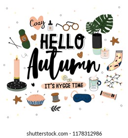 Hello Autumn poster in vector. Scandinavian style illustration. Hygge and cozy elements on white background.