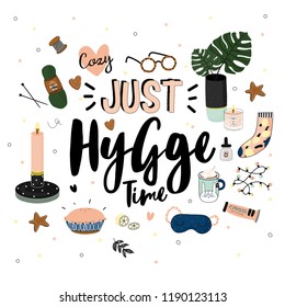 Hello Autumn poster in vector. Scandinavian style illustration. Hygge and cozy elements on white background.